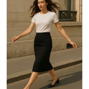 Ellen Tracy Size 14 Midi Unlined Straight Skirt 15" Back Vent & Front Zipper Blk